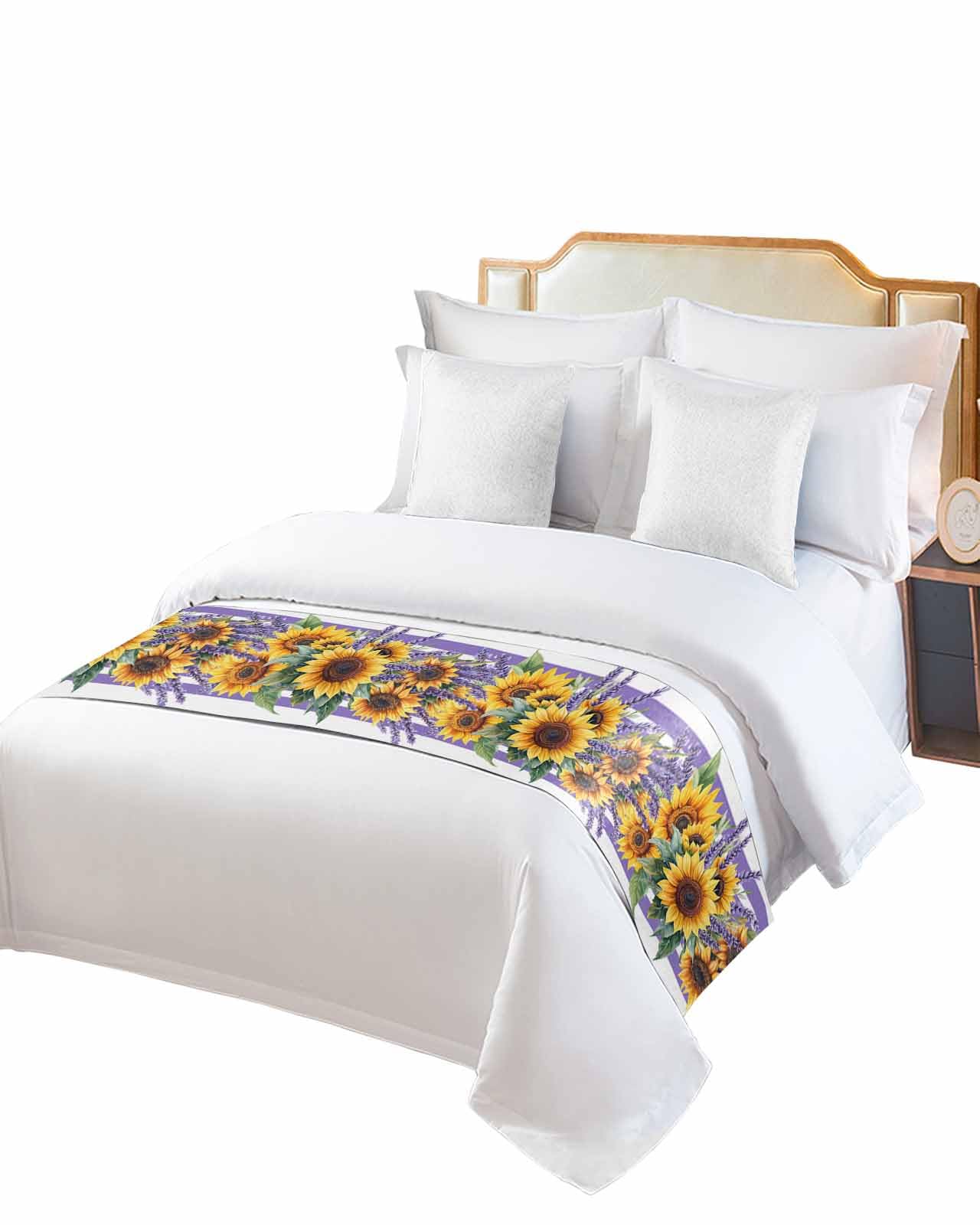 Twin Bed Runner Yellow Sunflower Pastoral Lavender Bedding Runner Scarves Decorative Bed Scarf, Watercolor Purple Stripe Soft Bedding Scarf for Bedroom Hotel Wedding 71x20in