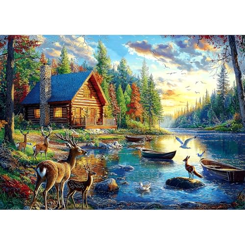 Blueforest 1000 Piece Jigsaw Puzzle for Adults Lake Lodge & Elk Landscape Puzzle Hard Impossible Difficult Challenging Puzzles for Adults