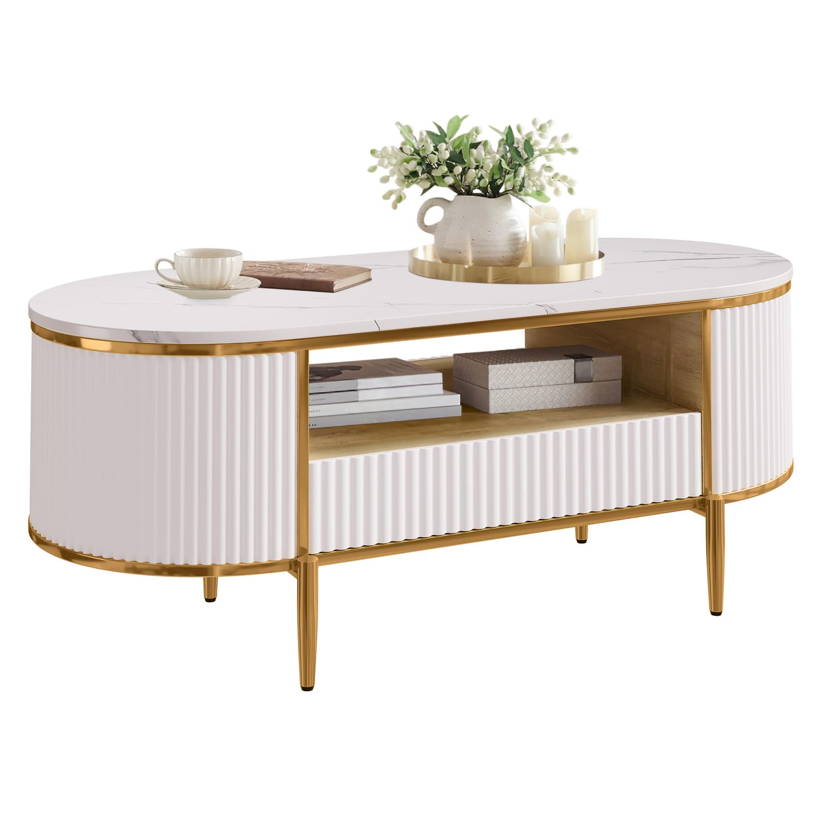 modern luxury fluted coffee table, 47.24" oval coffee table with storage, faux marble top, curved profile design,gold metal legs and handles, white