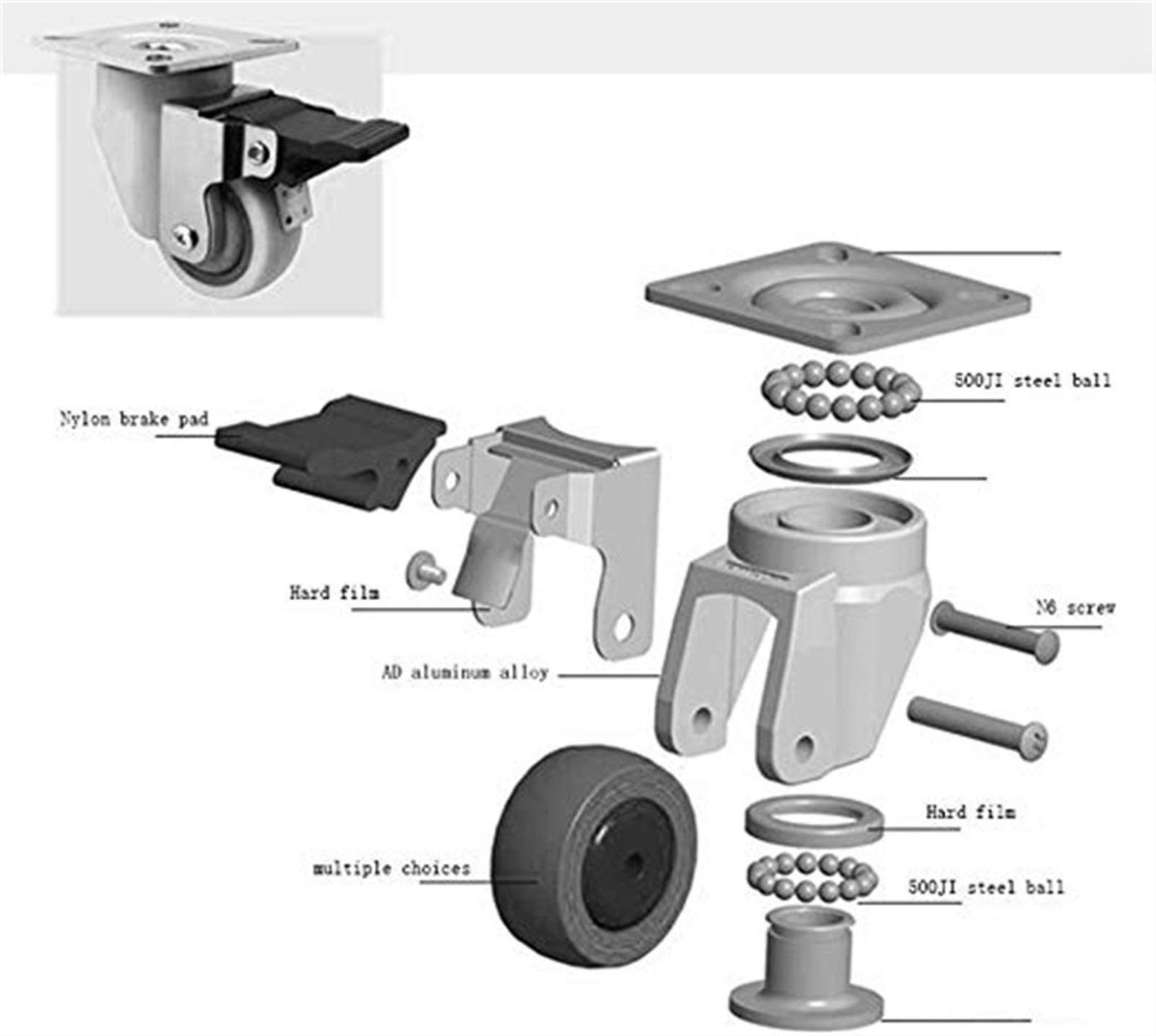 4 szt. rolek meblowych, 5 cm, wytrzymałe gumowe kółka, hamulce, uniwersalne, obrotowe 50 mm, 200 kg, cicha do walizek, uniwersalny hamulec, długoterminowe (kolor: