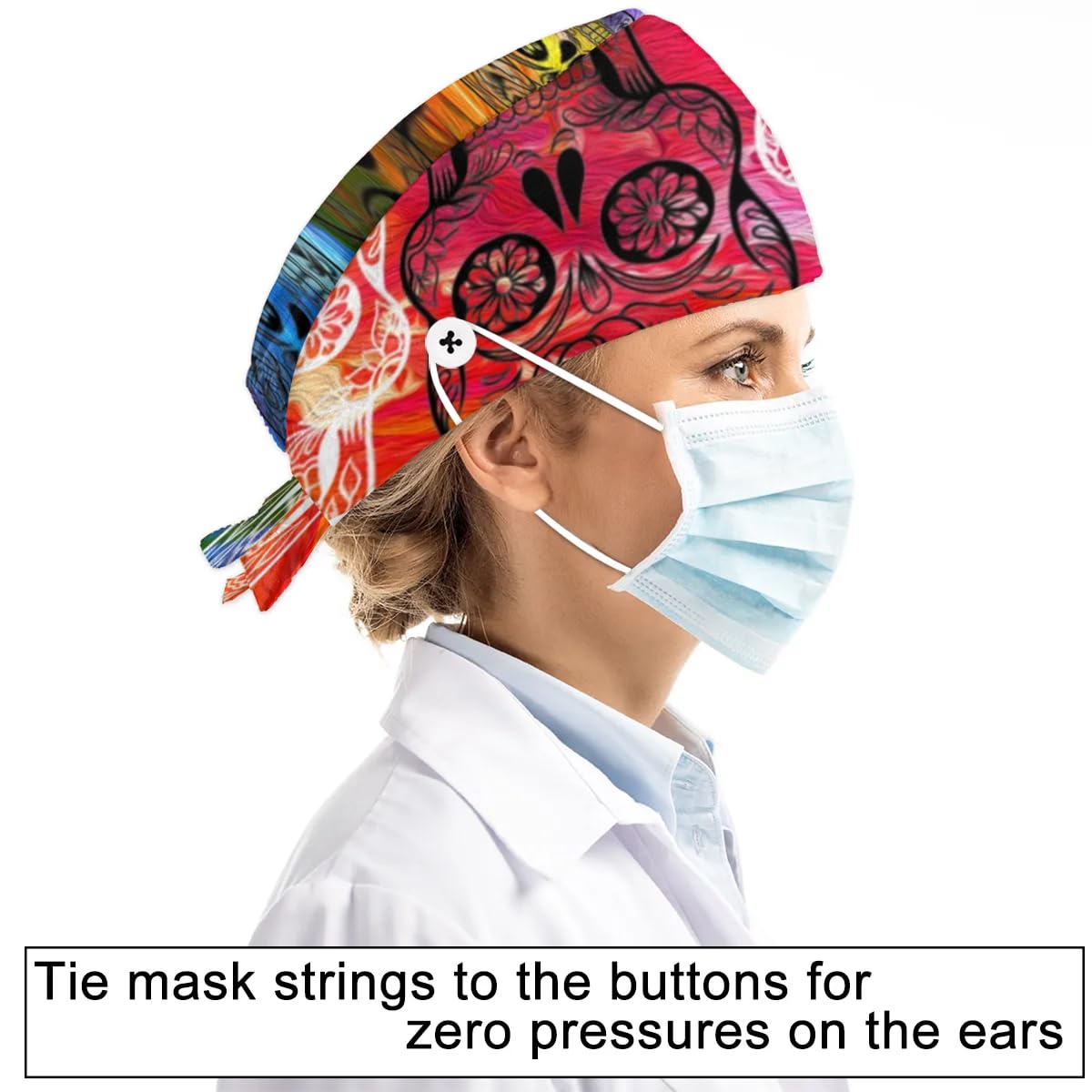 Mularoka Hand Painted Colorful Skulls Working Caps with Button Sweatband Comfortable Adjustable Bouffant Hats Work Hat for Women Men