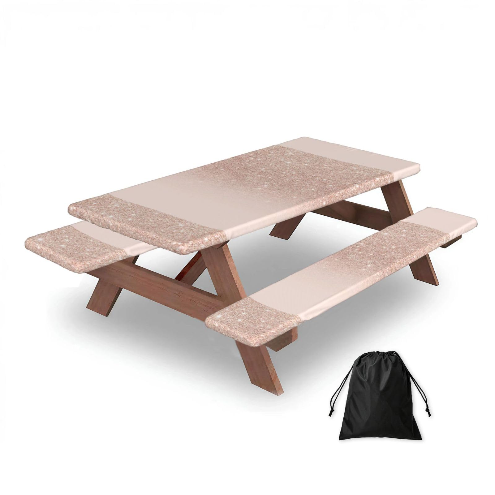 Dopklna As Picture Rose Gold Faux Glitter Pink Ombre Block, Picnic Table Cover With Bench Covers -Waterproof Elastic Fitted Tablecloth For Garden Camping Patio 76X152cm
