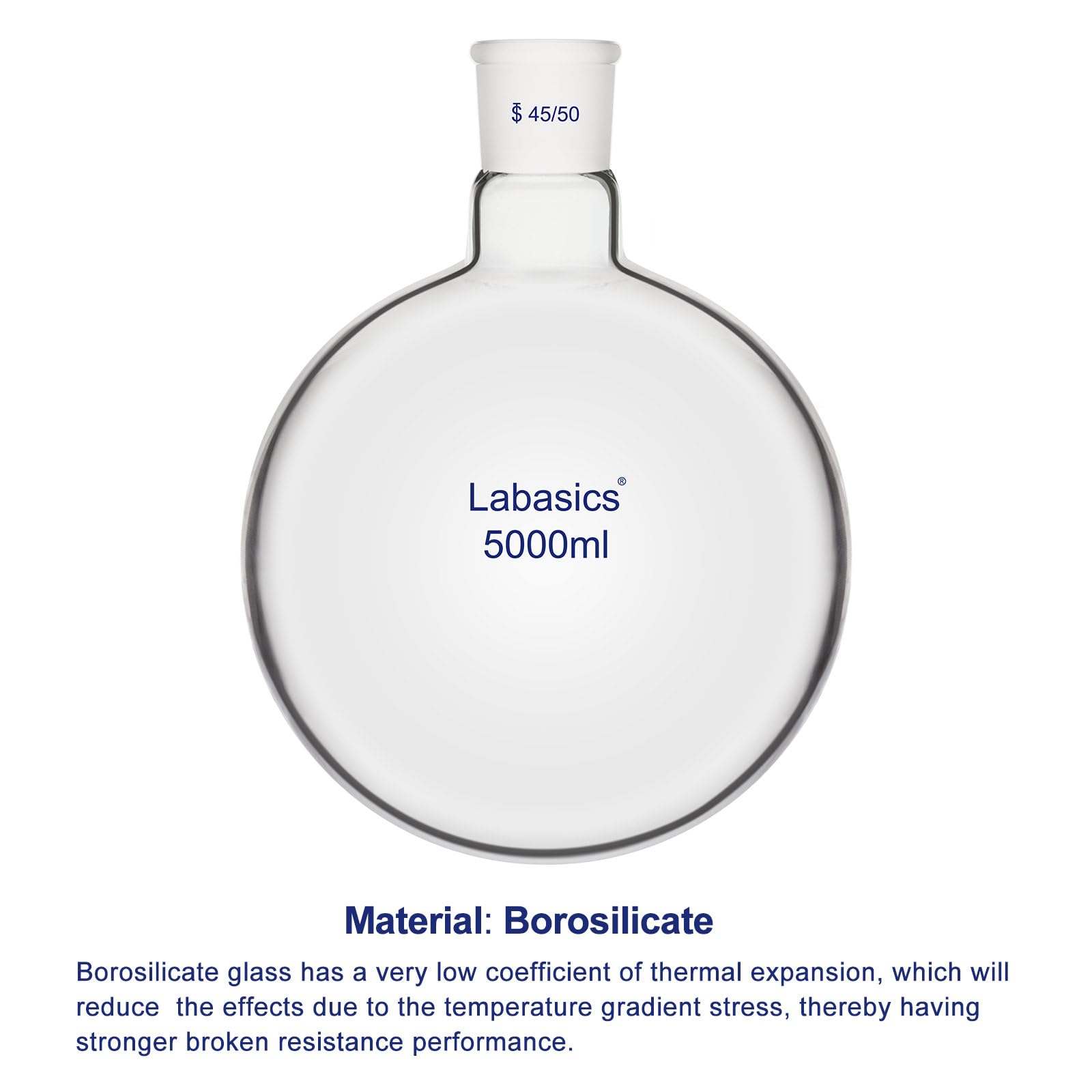 Labasics 5000 ml Matraz de Fondo Redondo para Ebullición, Matraz de Un Cuello de Vidrio de Borosilicato de Pared Gruesa con Junta Cónica Estándar 45/50 para Reflujo y Destilación en Laboratorio