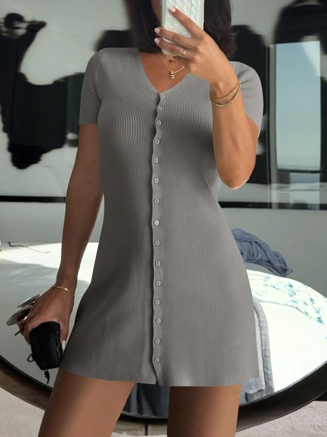 Saodimallsu Womens Short Sleeve Mini Dress V Neck Button Up Cardigan Sweater Summer Ribbed Knit Flare A Line Dresses - Image 3