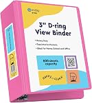 3 Inch Binder 3 Ring Binders Pink, Slant D-Ring 3” Clear View Cover with 2 Inside Pockets, Heavy Duty Colored School Supplies Office and Home Binders – by Enday