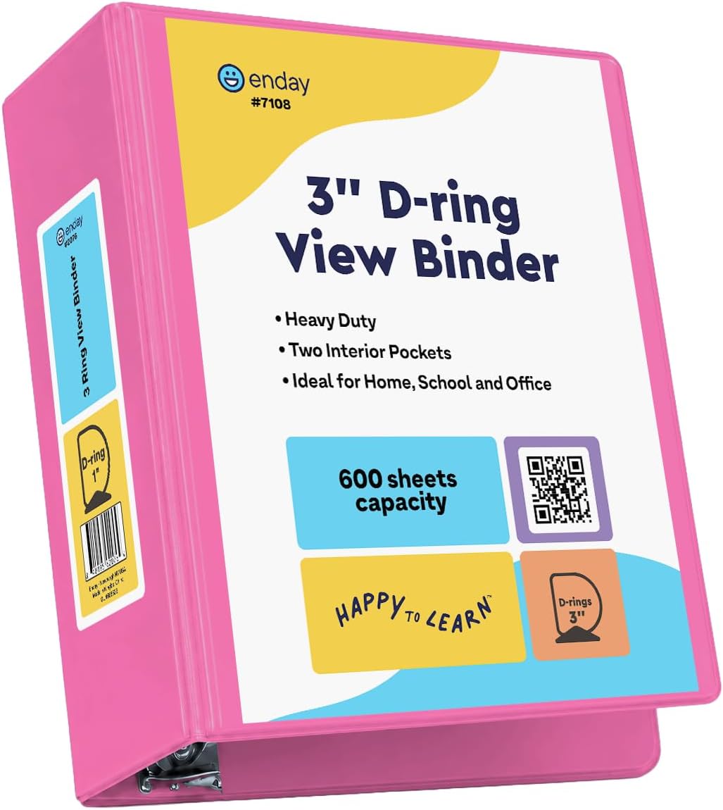 Enday 3 Inch Binder Pink 3 Ring Binder 3 Inch, Heavy Duty Three Ring Binder, 600 Sheets Capacity - 1.5 Inch Binder for Home School and Office