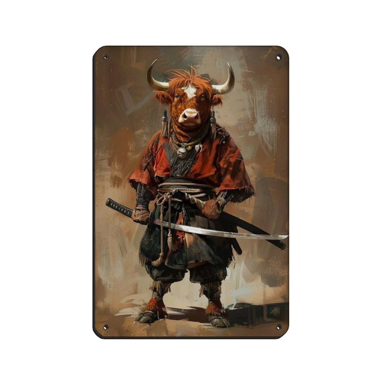 Ninja Highland Cow Holding A Katana Sword Tin Sign Vintage Metal Pub Club Cafe Bar Home Wall Art Decoration Poster Retro 8x12inch(20x30cm)