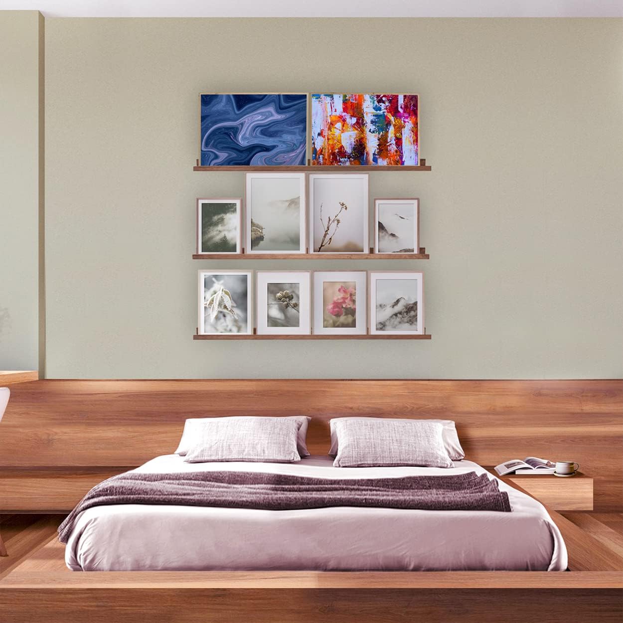 AZSKY 36 Inch Picture Ledge Shelf Rustic Wall Mount Light Walnut Long Narrow Picture Shelves Storage for Books Music Albums Green Plants-Photo Ledge Shelf Set of 3 Mounting Hardware Include