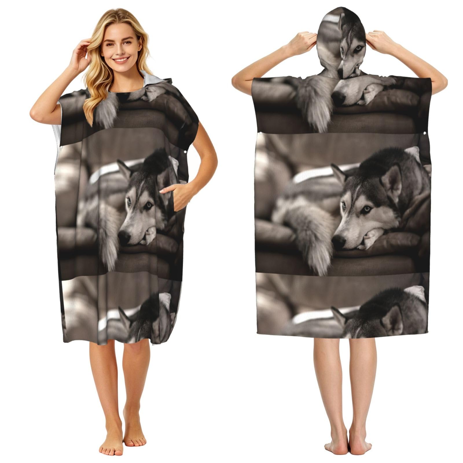 Poadnly Husky Dog, Adult Hooded Beach Towel 90 x 110 cm,Changing Bath Robe, Surf Poncho Towel For Women Men