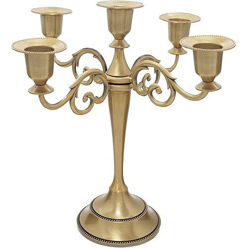 Brass Candle Holder，5 Wicks Metal Candle Holders for Taper Candles（10.6 inch Tall Candelabra, for 1/2-1 inch Pillar Candles Diameter Each）,Centerpiece Elegant Decoration Piece for Table