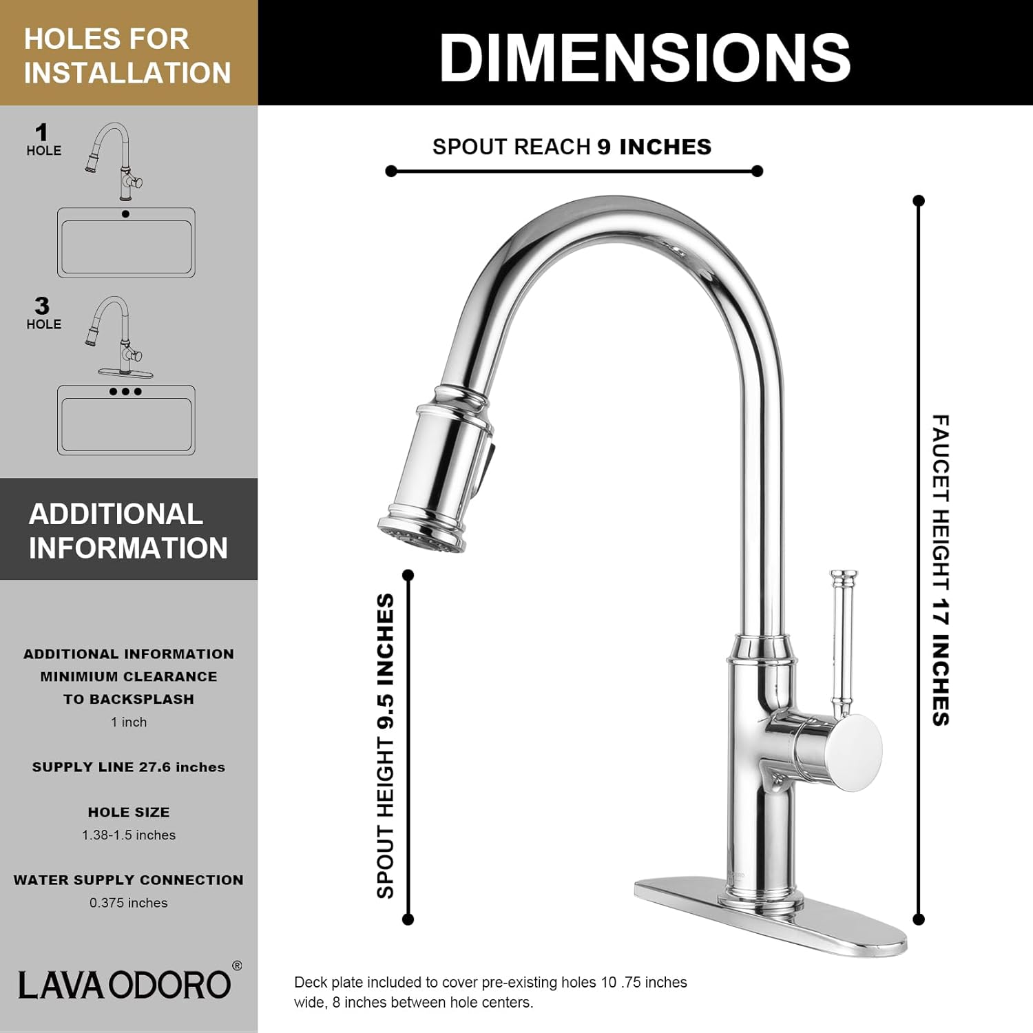 Lava Odoro Chrome Kitchen Faucet with Pull Down Sprayer, Single Hole Kitchen Sink Faucet, Single Handle Kitchen Faucet with 2-Function Sprayer, Deck Plate Included, 1.8 GPM, KF421-C