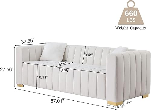 Miniatura 2 de KIVENJAJA Sofá de 3 plazas de terciopelo capitonado con canal con 2 almohadas, brazos cuadrados y patas de metal dorado para sala de estar,