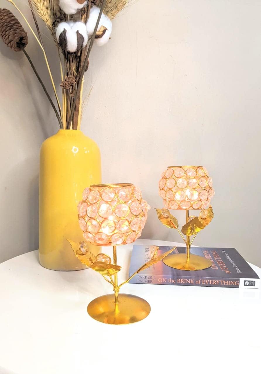 Quace Crystal Flower Gold Glass Tea-Light Holder (Pack of 2)