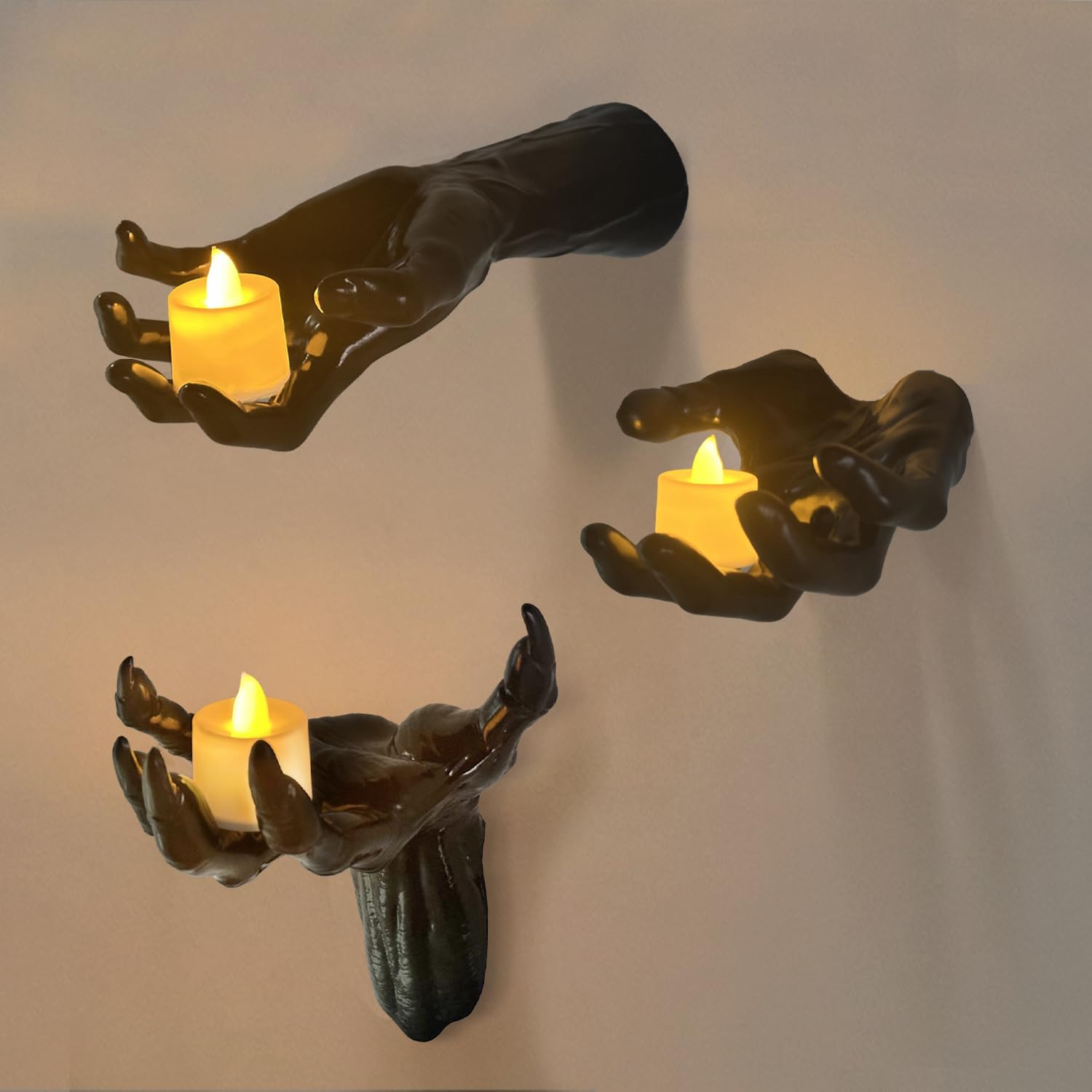 Halloween Decorations Gothic Decor Indoor, 3 Pack Wall Mounted Creepy Reaching Hands with Lighted Candles, Life-Sized Horror Hands Ideal for Gothic Wall Decor, Scary Halloween Indoor Decorations