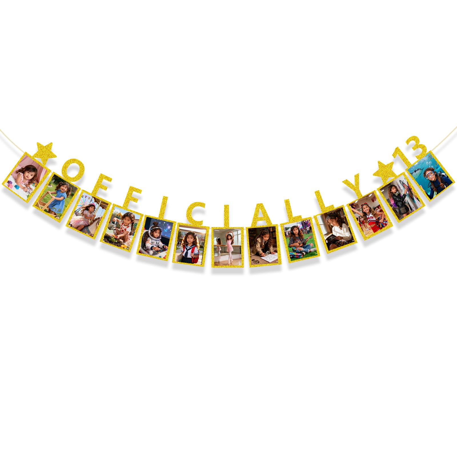 13th Birthday Photo Banner, Birthday Party Decorations for Girls Teenager Banner Growth Milestone Wall Hanging with String & Adhesive for Party Supplies (Gold)