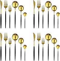 Vista 11 de Vajilla de 36 piezas de cubiertos de acero inoxidable 18/0 pulidos con espejo pulido con mango negro, juego de cubiertos de acero inoxidable 18/0