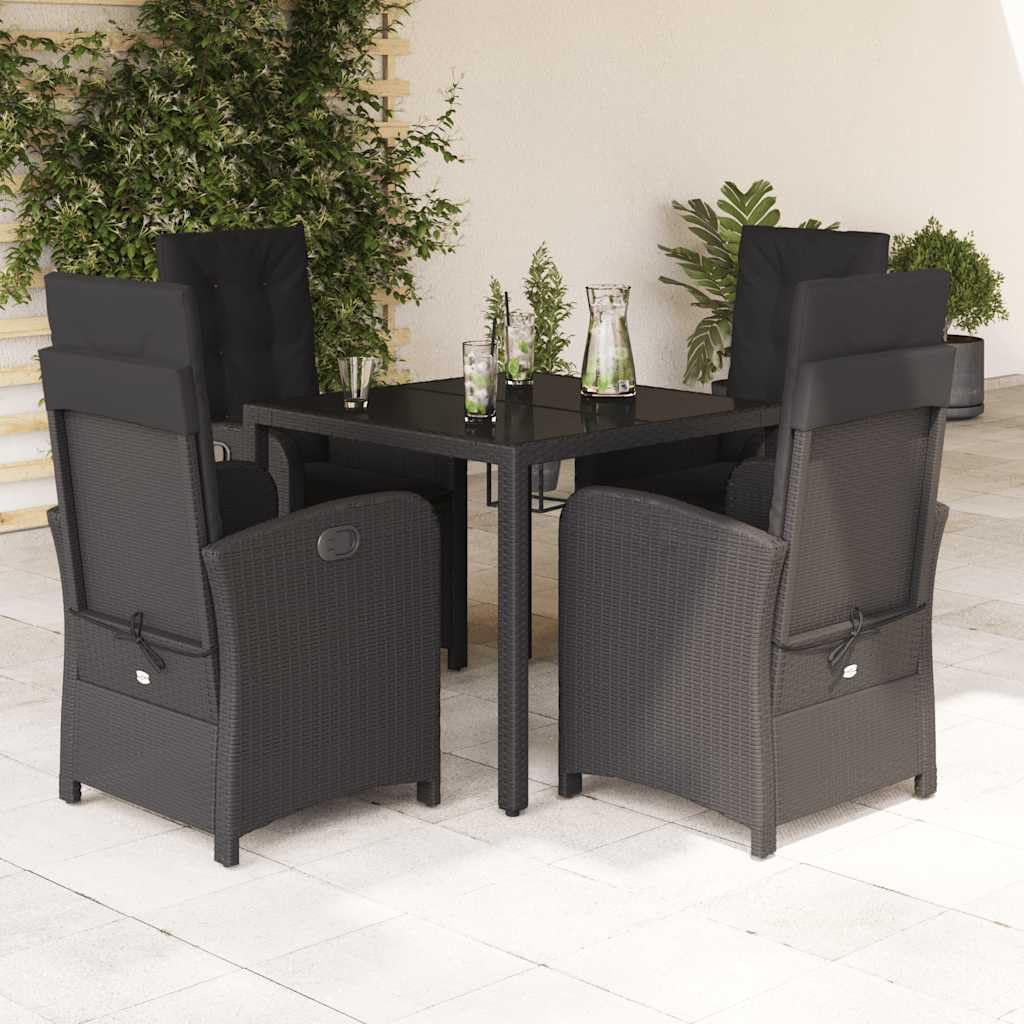 Set di 5 mobili da giardino in polyrattan nero con sedie regolabili e cuscini, set di mobili da giardino resistenti alle intemperie, per terrazza, balcone, veranda