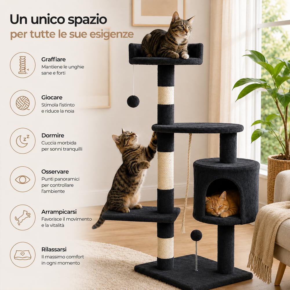 Bakaji Árbol Rascador Sisal para Gatos con Nidos y Plataformas Bolas de Juego Dimensiones 112 x 67 x 55 cm Color Gris