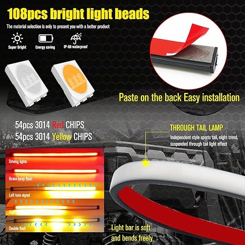 Miniatura 3 de YEORO Tira de luz trasera LED universal de 11.8 pulgadas, luz de freno DRL 3 en 1, luz de freno roja y luz intermitente ámbar 108 LED, tira flexible