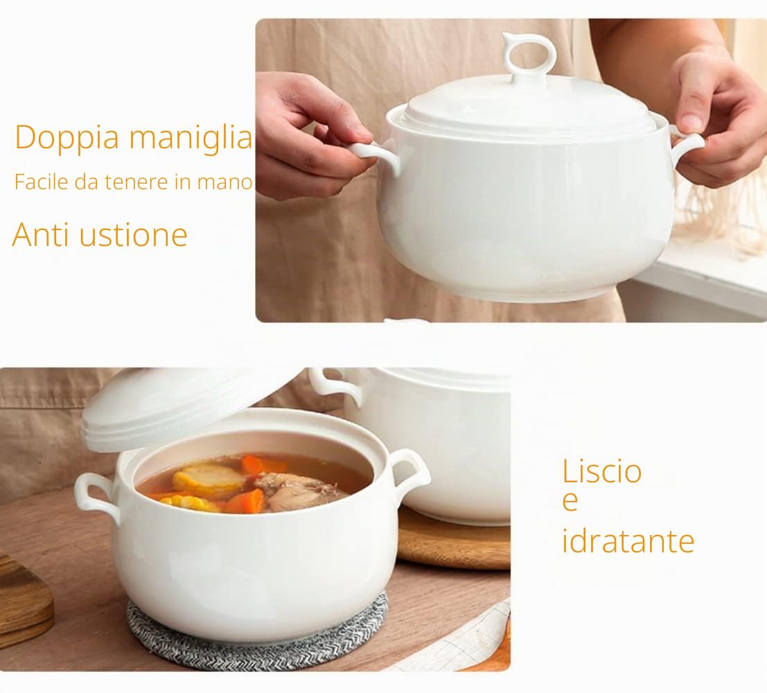 Zuppa in ceramica con coperchio, 3L di grande capacità, con doppi manici per cucina, porcellana, bianco puro, adatto al microonde e alla lavastoviglie (tipo 1)