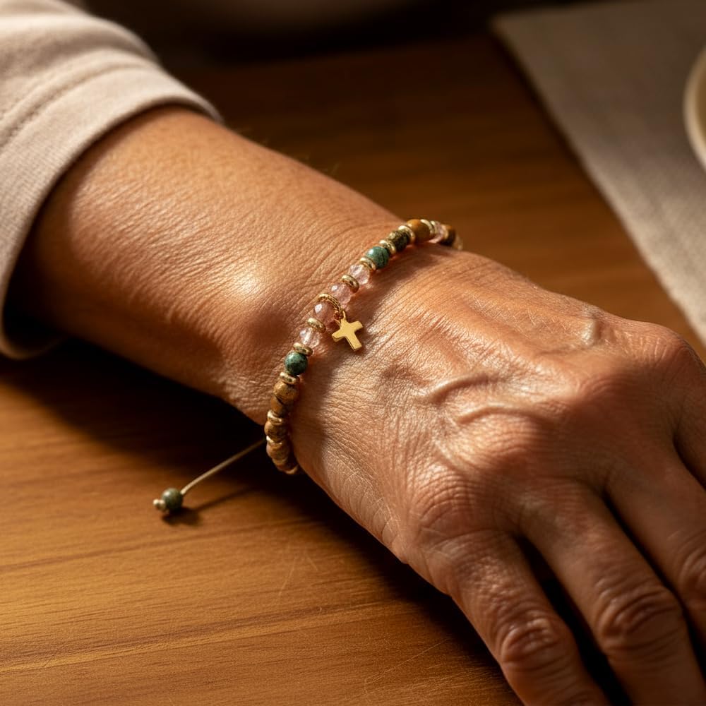 Cross Bracelet for Women Christmas Stocking Stuffers Inspirational Christian Gifts for Women Sister Friend Baptism Easter Graduation Faith Catholic Religious Natural Stone Beaded Bracelet - Image 4