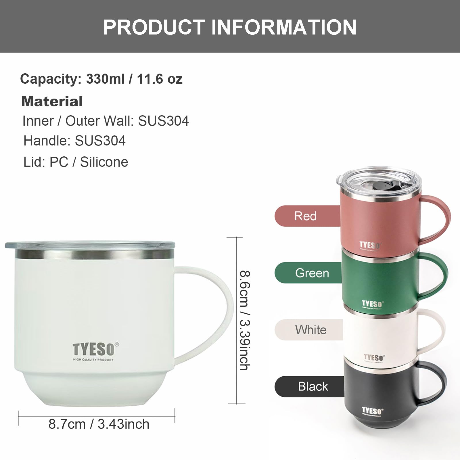 Klaraber Insulated Coffee Mug, Thermal Mug with Handle, Insulated Camping Mug with Lid, Double Walled Stainless Steel Beer Mug, Spill Proof, Reusable, 330ml /11 oz (White) - Image 2