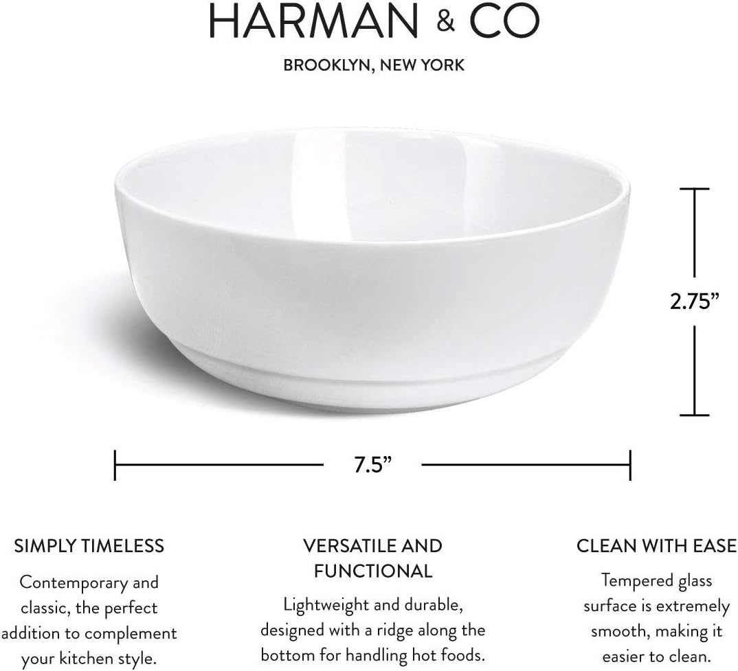 HARMAN & CO Salad Noodle Soup Bowl, Large 7.5” (40oz), Microwave & Dishwasher Safe, Frost White (Set of 3 Bowls)