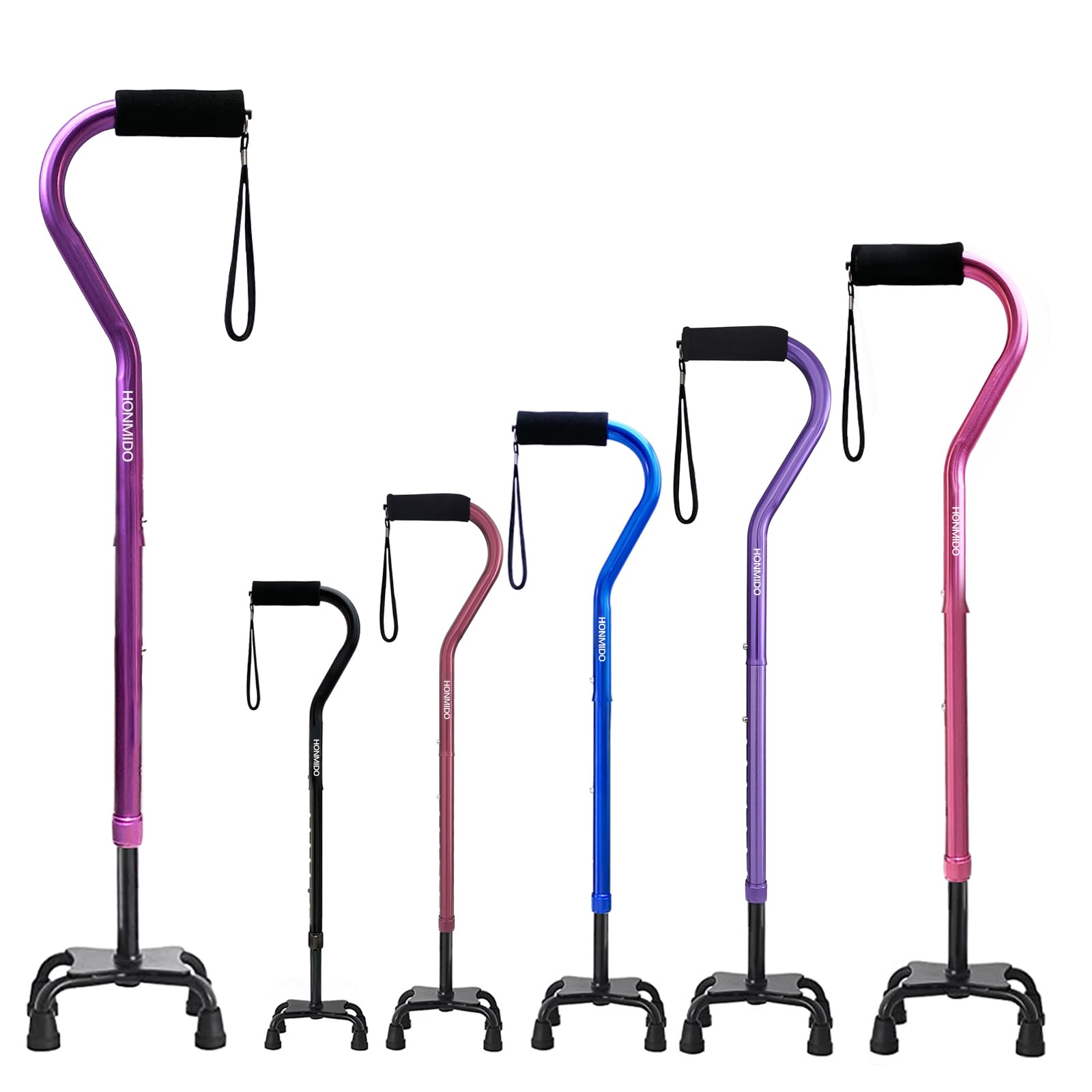 Honmido Quad Walking Cane Foldable Adjustable Portable Stick Men & Women and Seniors - Lightweight & Sturdy with 4-Pronged Base for Extra Stability