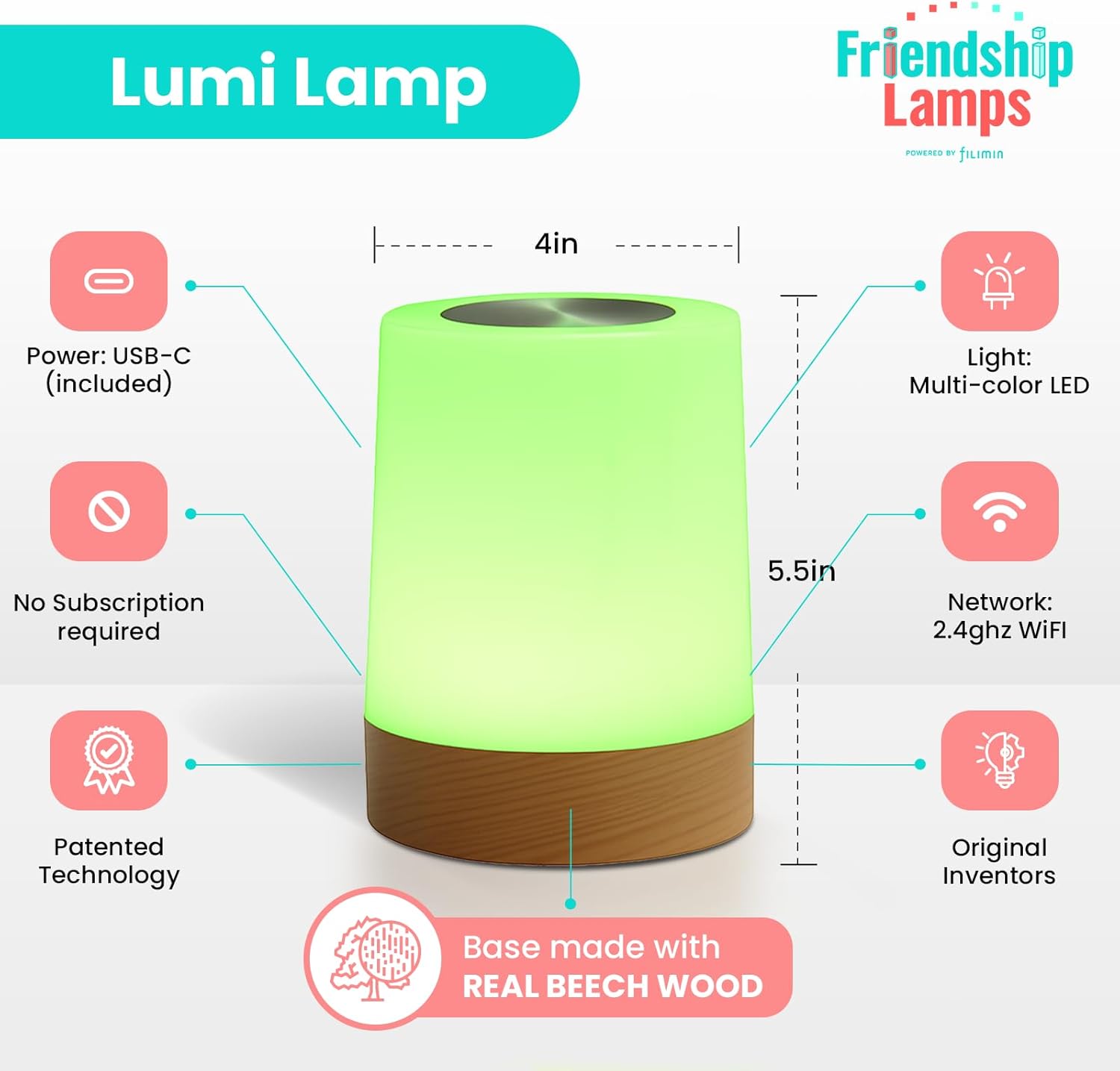 Friendship Lamp Lumi by Filimin - Best Friend WiFi Touch Lamp Real Beech Wood LED Light for Long-Distance Connection, Relationship, Friendship, Gifts, Couples, App Setup - No Subscription Set of 4