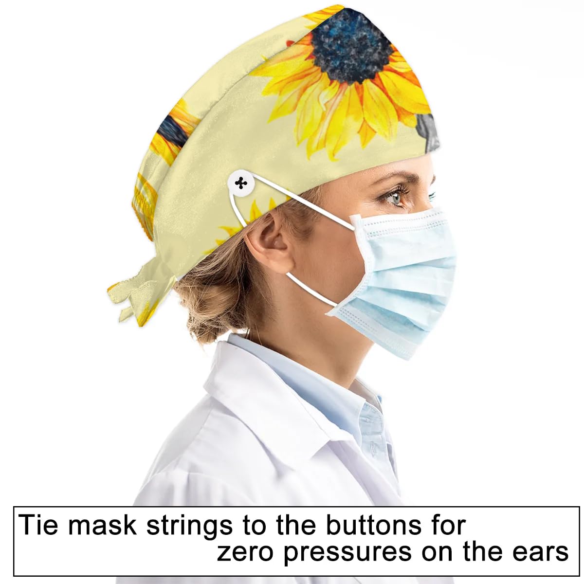 Mularoka Hand Painted Skull Sunflower Working Caps with Button Sweatband Comfortable Adjustable Bouffant Hats Work Hat for Women Men