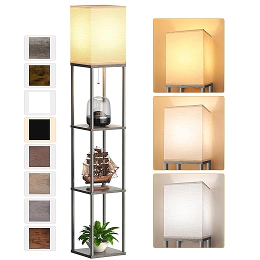 Floor Lamp with Shelves for Living Room Oak Gray, Shelf Floor Lamp with 3 CCT LED Bulb, Corner Display Standing Column Lamp Etagere Organizer Tower Nightstand with White Linen Shade for Bedroom Office