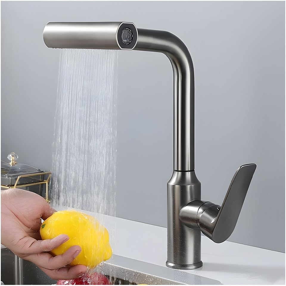 Modern Pull Out Waterfall Kitchen Faucet with 4 Water Outlet Modes Hot & Cold Dual Use Single Hole Design Ideal for RV & Bar Utility (Silver)