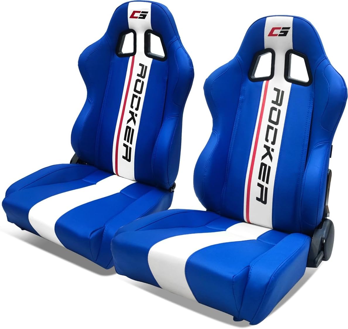 Universal Pairs of Racing Seat with Dual Sliders, PU Leather Reclinable Bucket Seat, Blue+White Stripe LOGO-Flat Style