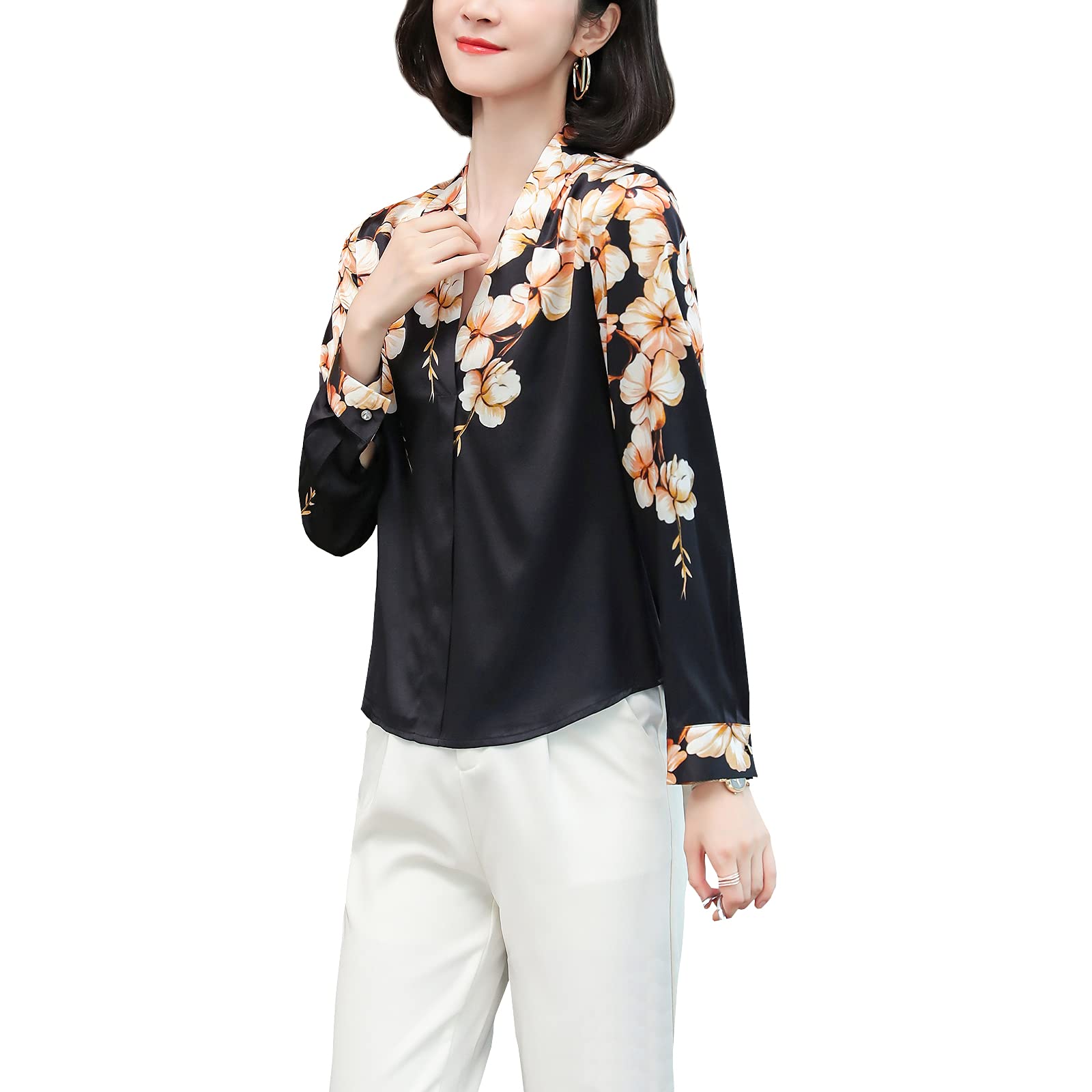 Valin Blusa de seda para mujer con estampado de puente, blusa de manga larga con cuello en V, blusa de seda,S9097