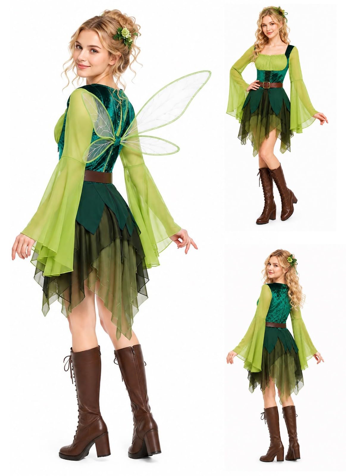 AG FASHION Women’s Fairy Costume Dress Green Woodland Fairy Outfit Elf Costume with Bell Sleeves Belt for Halloween Cosplay Renaissance Festival (L)