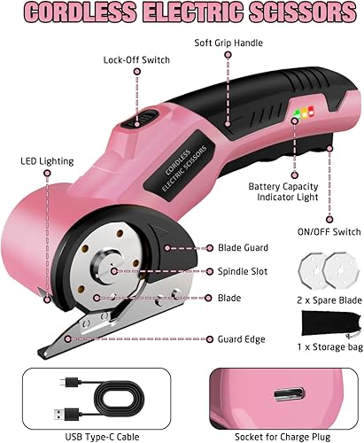 Miniatura 6 de Tijeras Eléctricas Inalámbricas Cortador de Cartón Recargable de 4V, 3 Cuchillas, Bloqueo de Seguridad y Luz LED, Cortador de Cajas para Cartón,