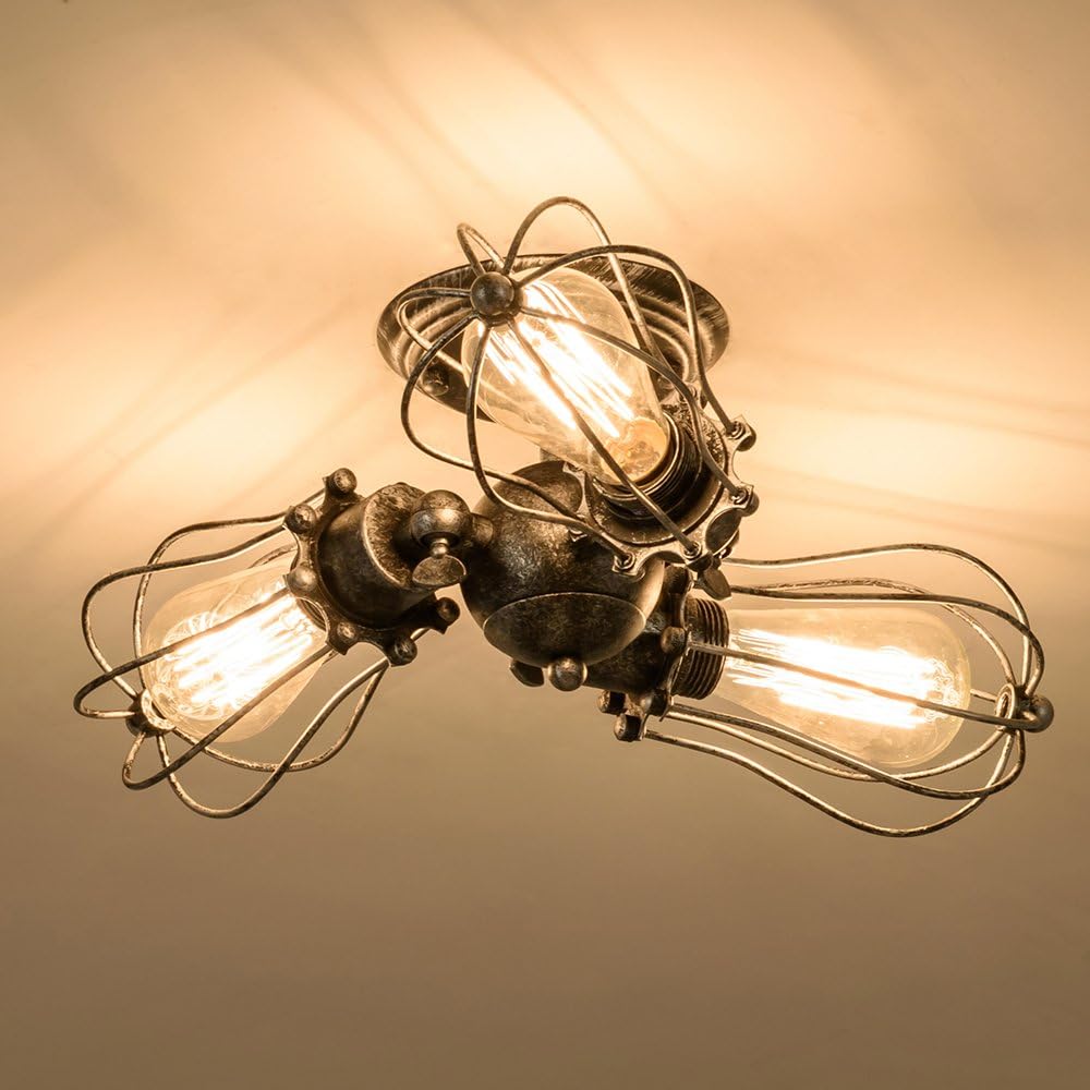 Vintage Ceiling Light Industrial Rotatable Semi-Flush Mount Ceiling Light Metal Lamp Fixtures Painted Finish (with 3 Light) (Silver)
