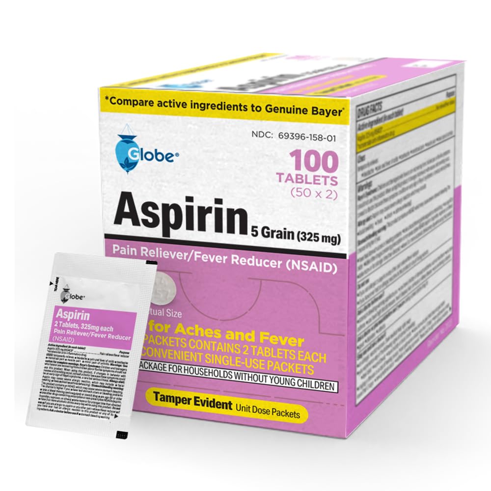 Globe Aspirin Tablets 325 mg, Single Use Packets, Pain Relief -100 Count