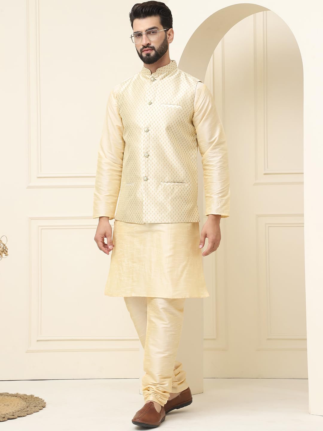 Sojanya (Since 1958 Men's Silk Blend Gold Kurta Pyjama With Self Design Beige Nehru Jacket