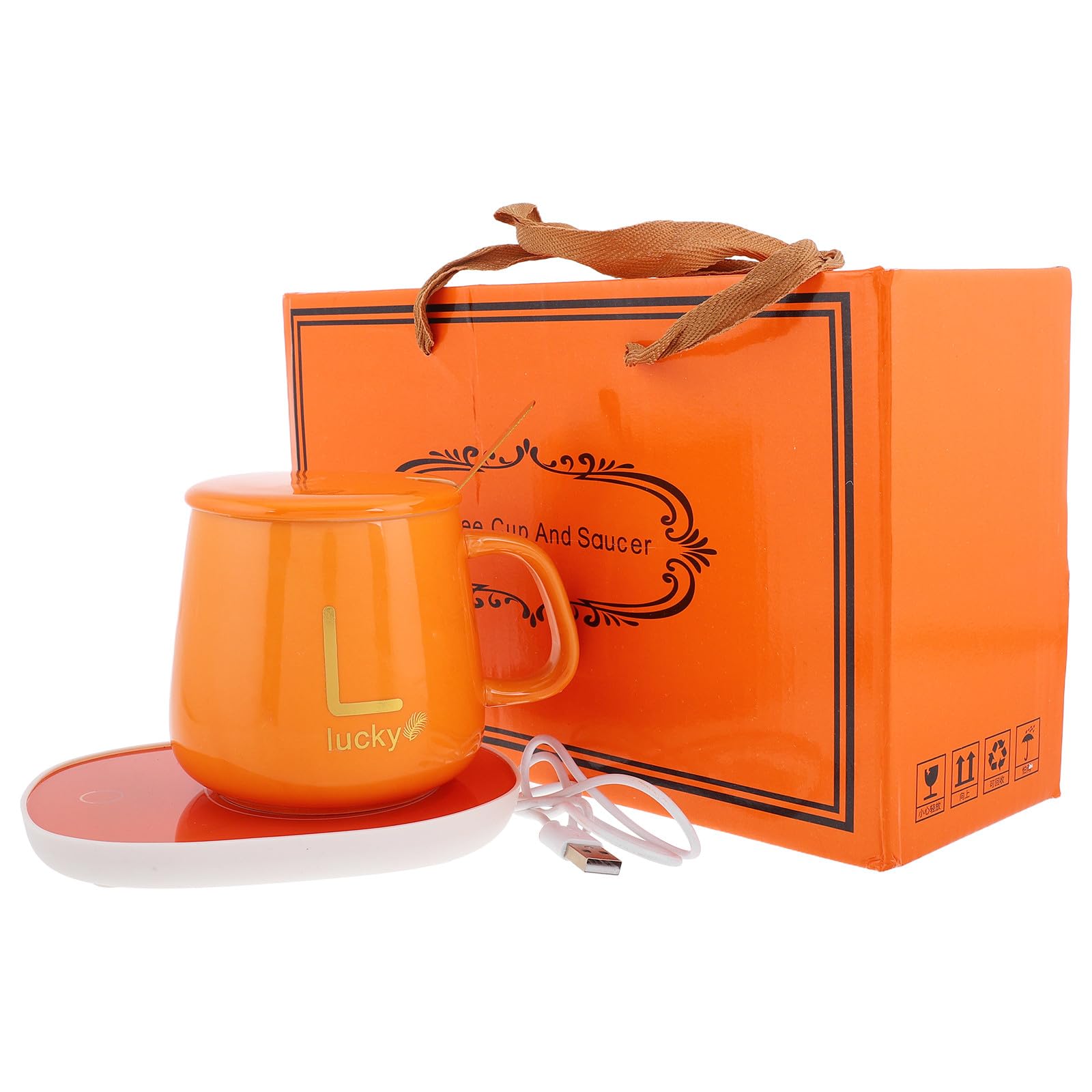 SHINEOFI Set Scaldatazze da Caffè Elettrico con Tazza Termica Arancione Coperchio e Cucchiaio Riscaldamento USB 5V per Casa e Ufficio Tazza Riscaldante Multifunzione per Tè e Latte