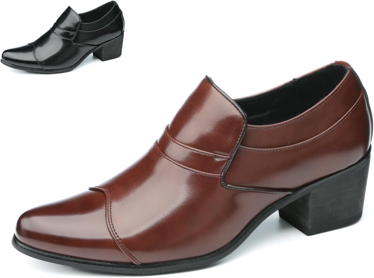 Men's Leather Chunky Heel Slip On Dress Loafers Fashion Classic Pointed Toe Low Top Block High Heel Heightening Oxford Shoes Casual Business Wedding Prom Work Formal Shoes