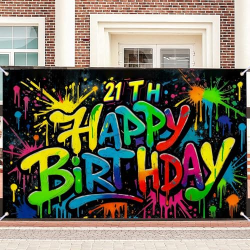 Image of Nuxovilar 21st Birthday Banner Polyester Graffiti Backdrop Decor 71 inchx43