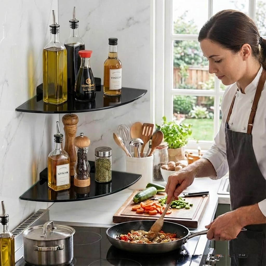 Glass Corner Shelf, 2-Pack Heavy Duty Tempered Glass Bathroom Shelf with SUS 304 Stainless Steel Brackets Wall Mounted Floating Shower Shelves for Shampoo Soap Drilling Installation