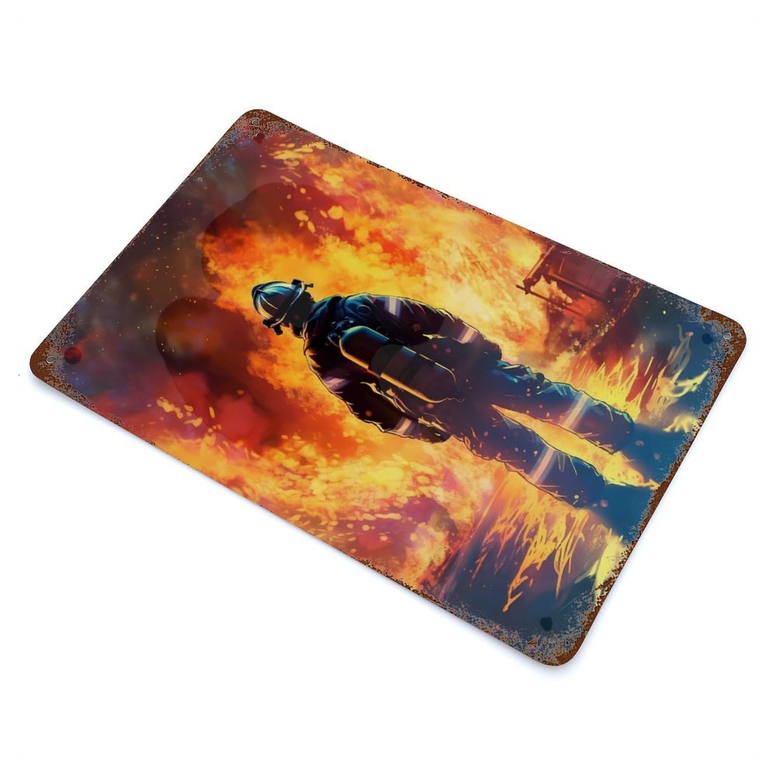 Rust Effect Firefighter Flames Decorative Tin Sign 11.8"x7.9", Farmhouse Wall Decor for Patio, Garden Room And Bar Decor