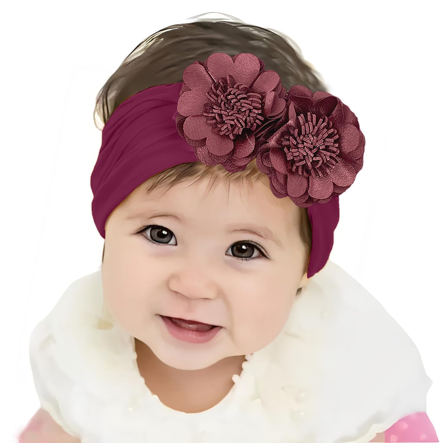 SYGA Baby Headband Nylon Double Flower Soft Stretchable Hairband for Newborn Infant Toddler Kids For 0-3 Year (Dark Purple, Free Size)-image-46