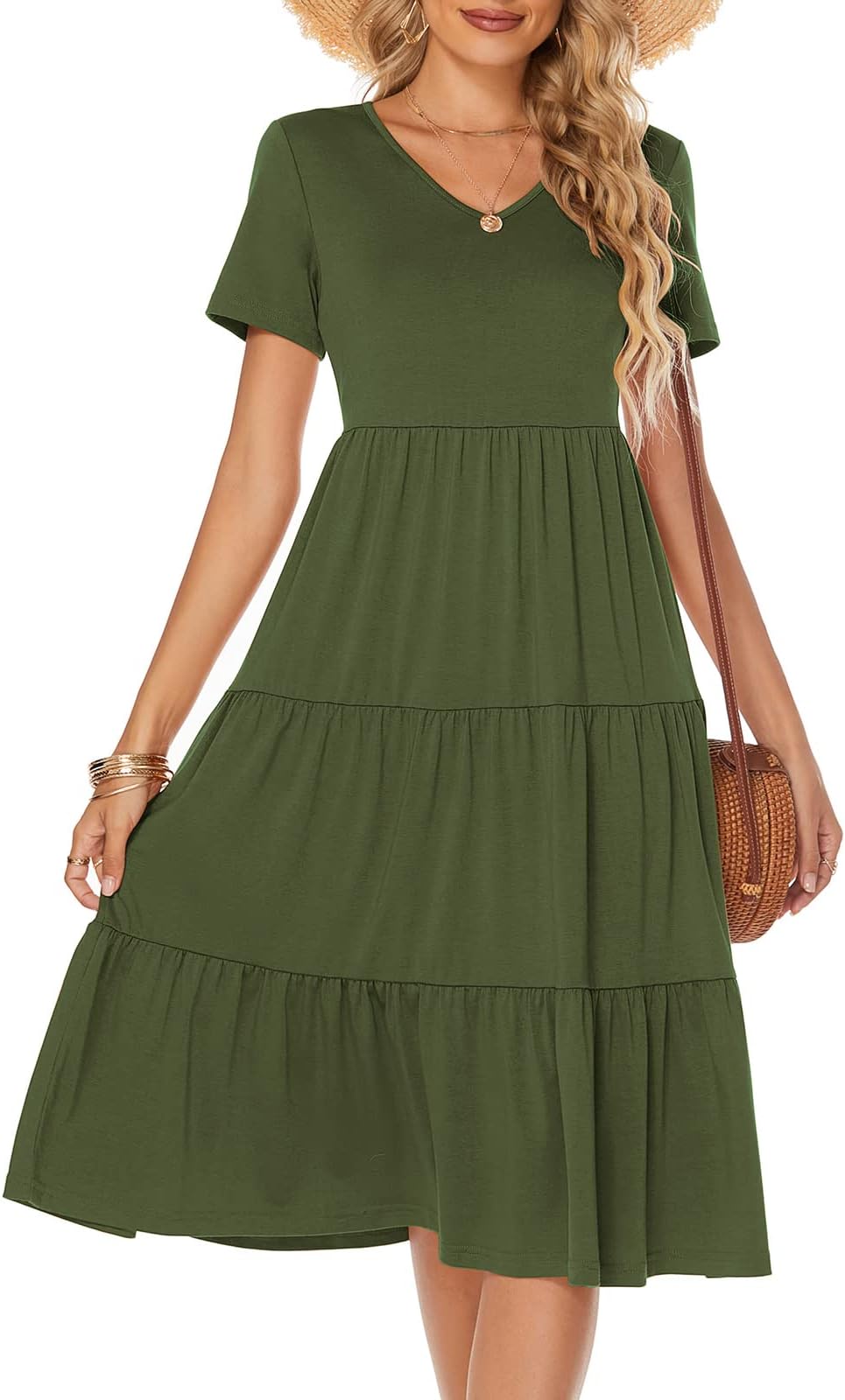 Berydress Women's Casual Summer Tiered Midi Dress 2025 Short Sleeve V-Neck Loose Cotton Ruffle Babydoll Dress Boho Sundress
