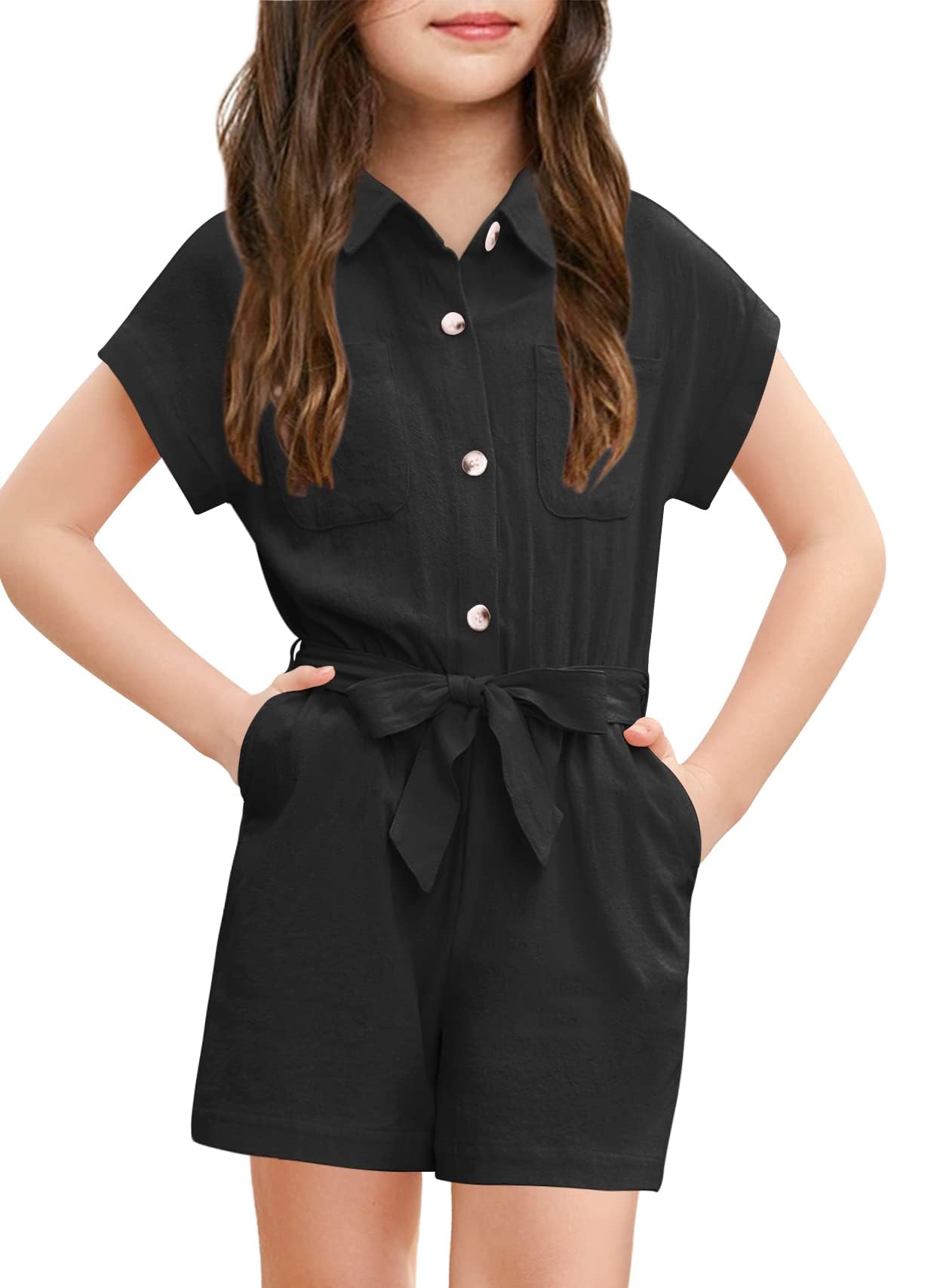 Haloumoning Combinaison d'été mignonne pour fille - Boutonnée - Avec ceinture - Courte - Avec poches
