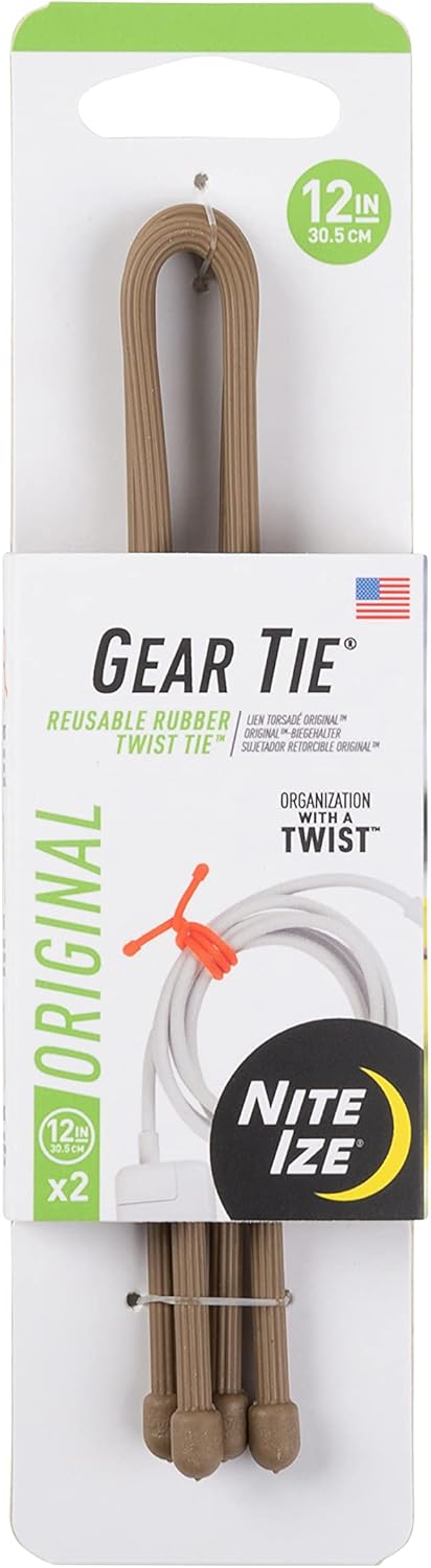 Nite Ize GT12-29-2R3 Original Gear Tie, Reusable Rubber Twist Tie, 12 Inch, 2-Pack, Coyote, Made in the USA