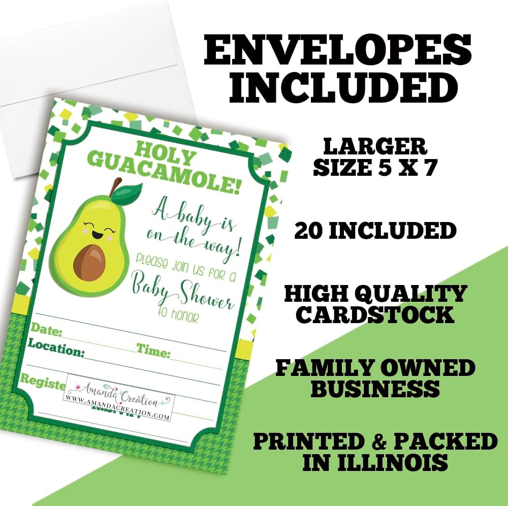 Amanda Creation アボカド ベビーシャワー 招待状 女の子用 20枚 5x7インチ 両面記入 聖ワカモレ ベビーシャワ