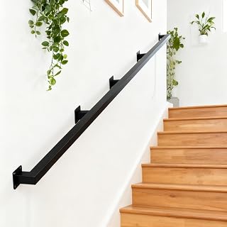 Shineforu 14FT Black Iron Wall Mounted Stair Handrail, 500 lbs Capacity Indoor Stairs Railing, 4 Sections Industrial Safety Rail